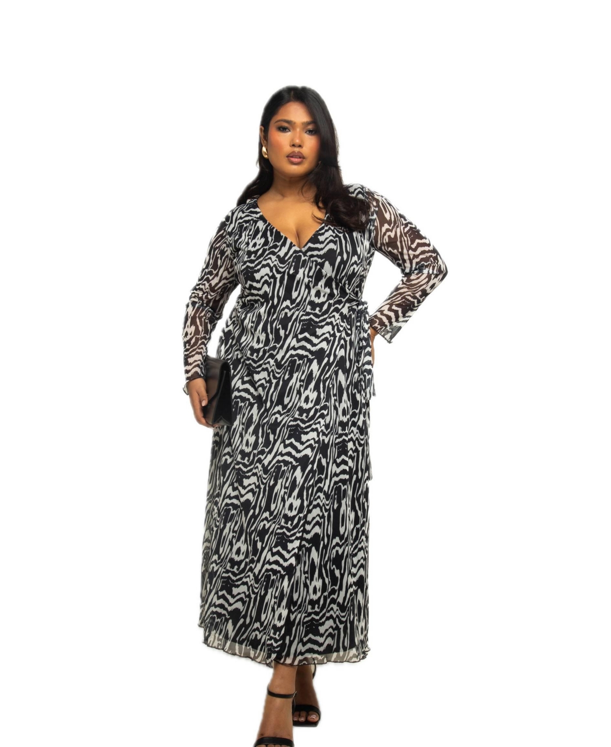 Plus Size Long Sleeve Monochrome Print Midi Dress - Black
