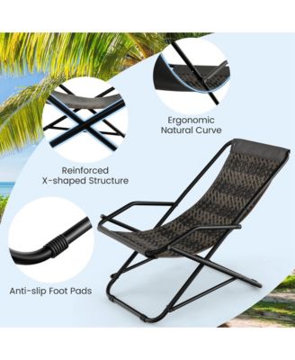 2 PCS Patio Folding Rattan Sling Chair Rocking Lounge Chaise Armrest Garden