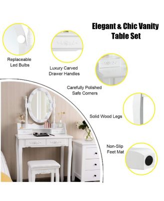 2-Pc MDF 4 Drawers & Dual-Use Desk Makeup Dressing Table with LED Touch Mirror & Cushioned Stool