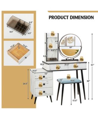 2-Pc. MDF 3-Color Lighted Mirror Vanity Table Set with Cushioned Stool