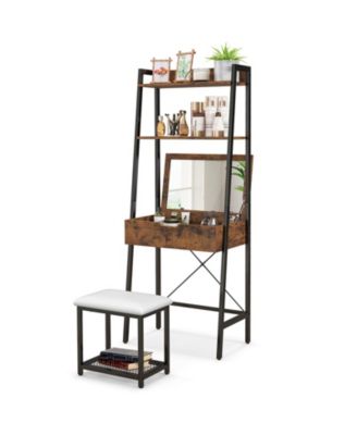 2Pc Powder-Coated Metal Frame Ladder Vanity Desk Set with Flip Top Mirror and Cushioned Stool