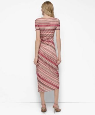 Women's Mesh Striped Side-Knot Boat-Neck Midi Dress