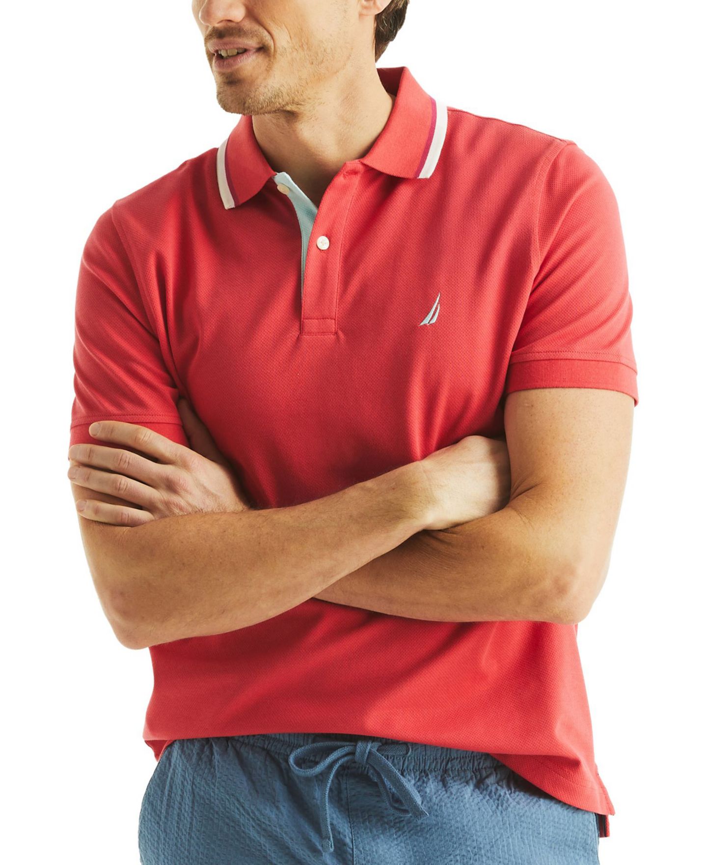Мужское поло Nautica Textured Tipped Collar Polo Shirt, цвет: Розовый коралловый — фото 4