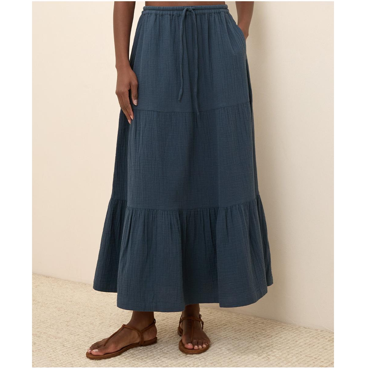 Women's Organic Cotton Coastal Double Gauze Tiered Maxi Skirt - Black