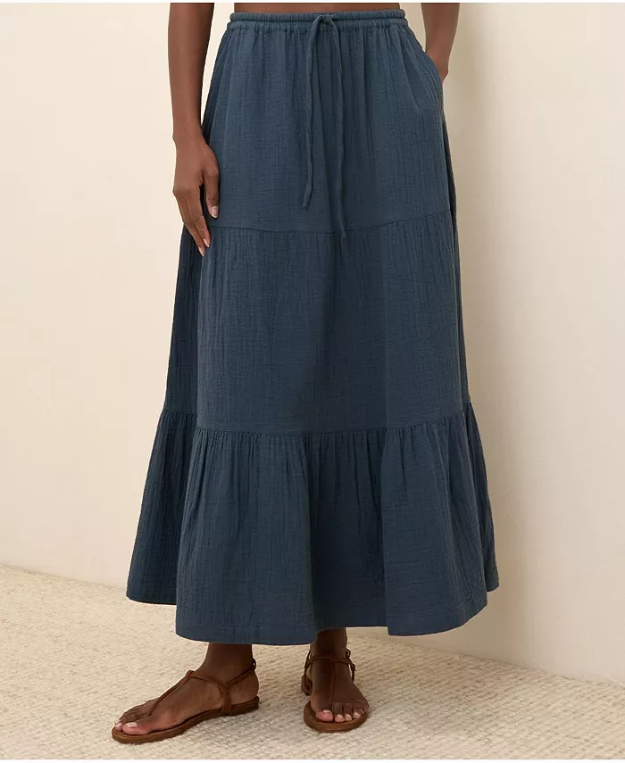 Women's Organic Cotton Coastal Double Gauze Tiered Maxi Skirt