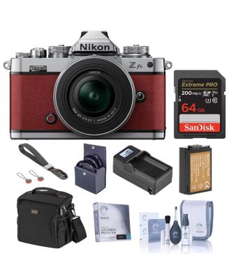 Z fc DX-Format Mirrorless Camera, Crimson Red, with 16-50mm f/3.5-6.3 VR Lens, Bundle with 64GB Memory Card, Bag, Extra Battery and 46mm Filter