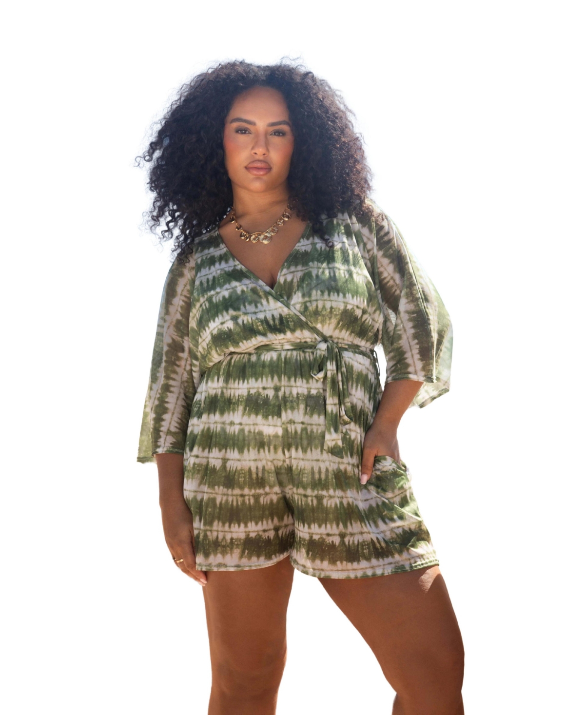 Plus Size 3/4 Sleeve V-Neck Resort Playsuit - Green