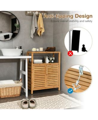 1-Pc Bamboo Floor Cabinet with Double Slatted Doors, Open Shelf and Removable Shelf