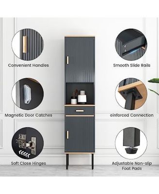 Free-Standing Bathroom Cabinet Narrow Linen with Doors and Drawer