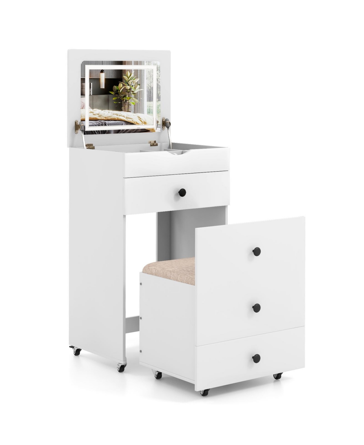 3-in-1 Vanity Set with Cushioned Stool and Flip-up Mirror - White