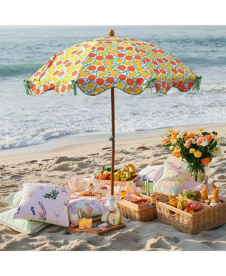 Our Beach Portable Umbrella for Sand Beech Wood Pole Carry Bag with Printed Orange Grapefruit Cute Garden Parasol