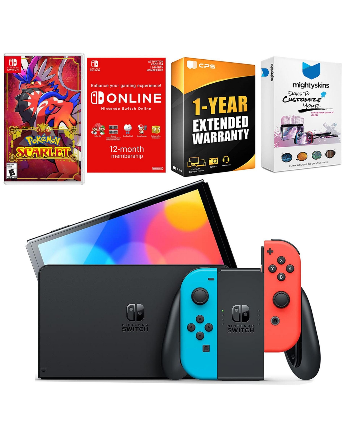 Nintendo Switch Neon Red & Blue Oled Console with Pokemon Scarlet, Nso 12 Month Family Membership
