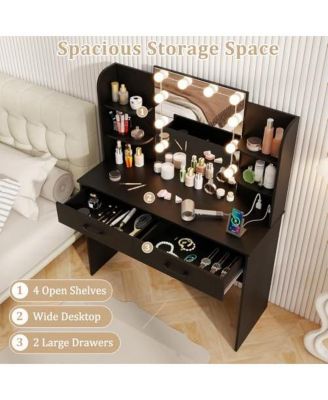 Vanity Set with Lighted Mirror and Stool with Power Outlet