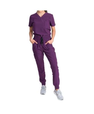 Women's Stretch Scrub Set with Zip Chest Pocket Top and Knit Rib Cuffs Jogger Pants