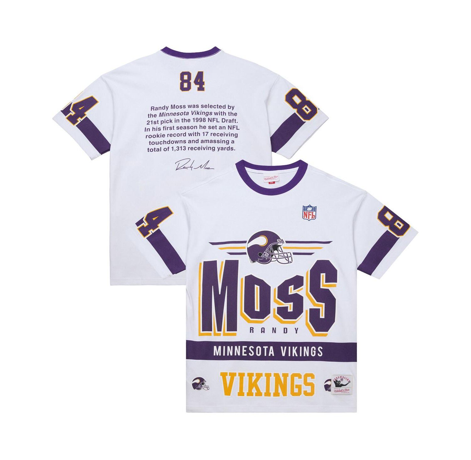 Men's Randy Moss White Minnesota Vikings Name & Number Team Origins Vintage Logo T-Shirt
