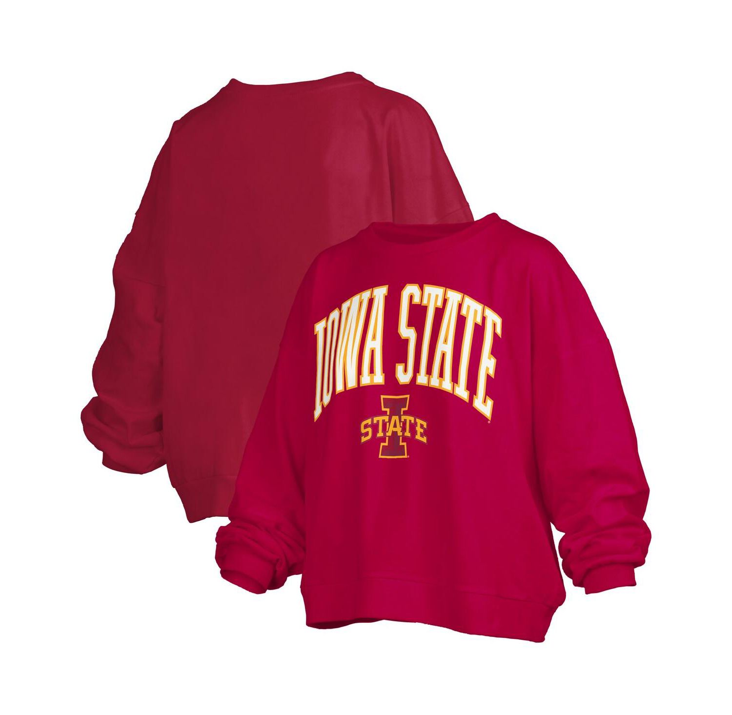 Women's Cardinal Iowa State Cyclones Janise Arch Over Logo Waist Length Oversized Pullover Sweatshirt