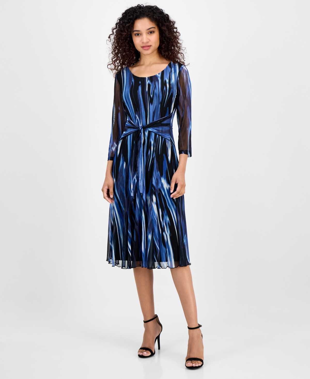 Women's Printed Tie-Waist Mesh-Sleeve Dress - Blue