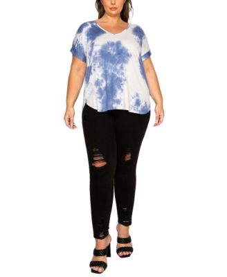 Plus Size Tie Dye V-Neck Rolled Sleeve Dolman T-Shirt