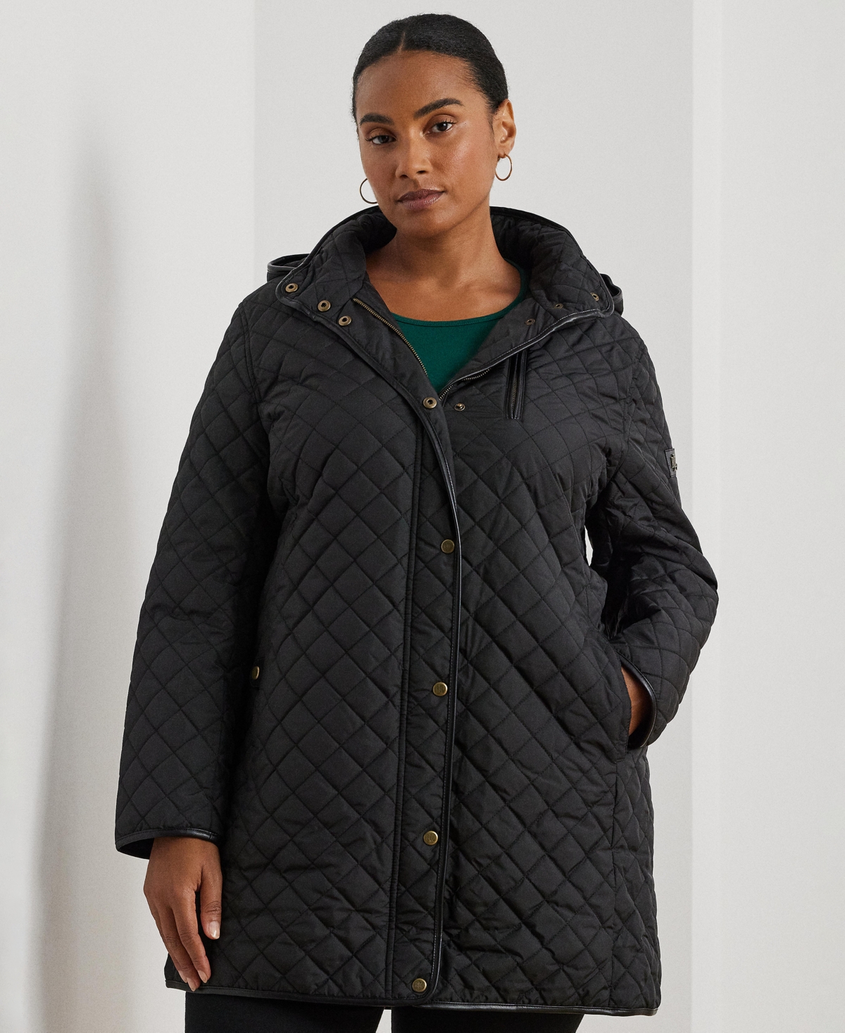 Plus Size Hooded Quilted Faux-Suede-Trim Coat - Black