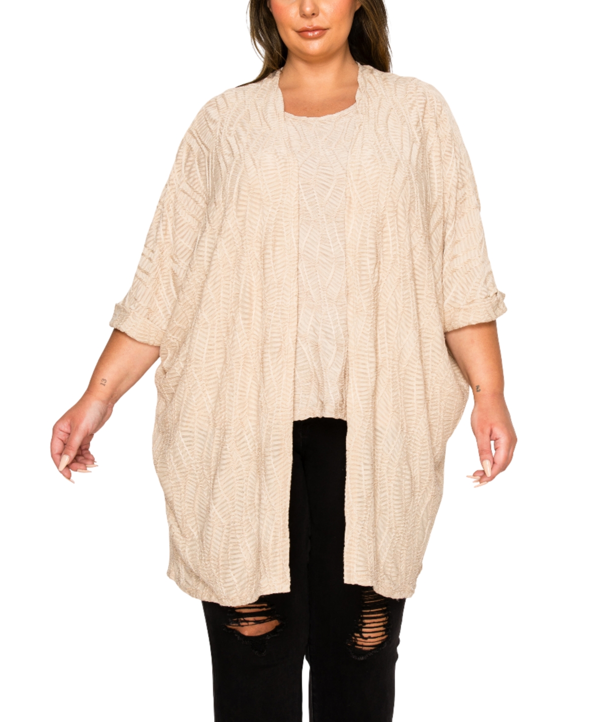 Plus Size Spiral Wave Texture Dolman Cardigan Sweater - Ivory