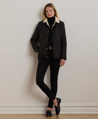 Petite Faux-Sherpa-Collar Quilted Coat