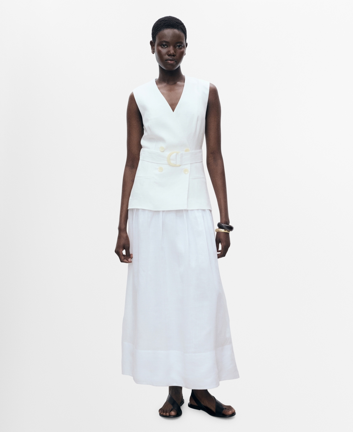 Mango Mariona Sleeveless Belted Linen Maxi Dress In White