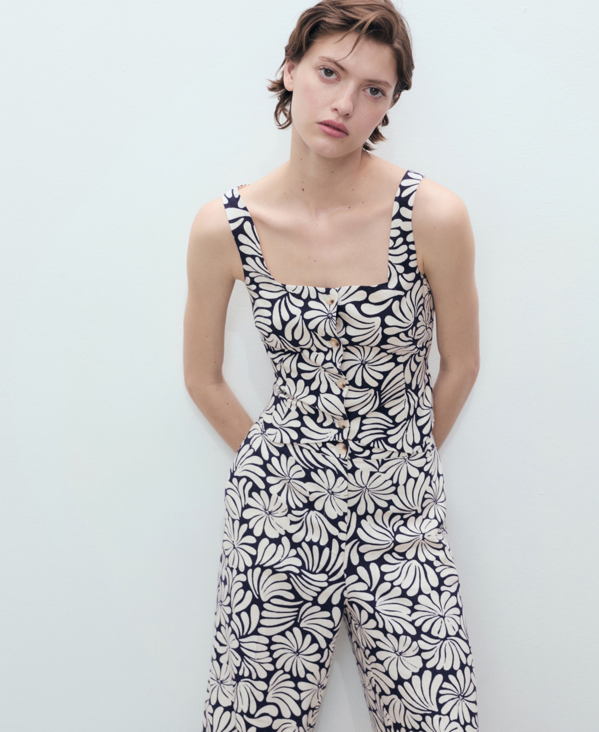 Mango Coco Print Linen Blend Wide Leg Pants In Black