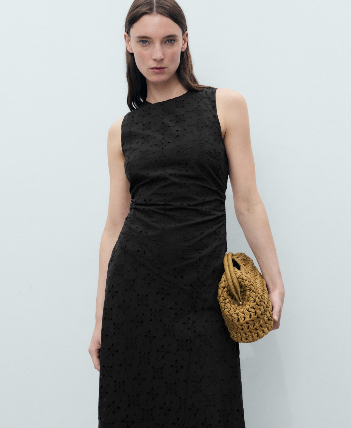 Mango Eyelet Gathered Cinched Waist A Line Dress With Cut Out Back Detail