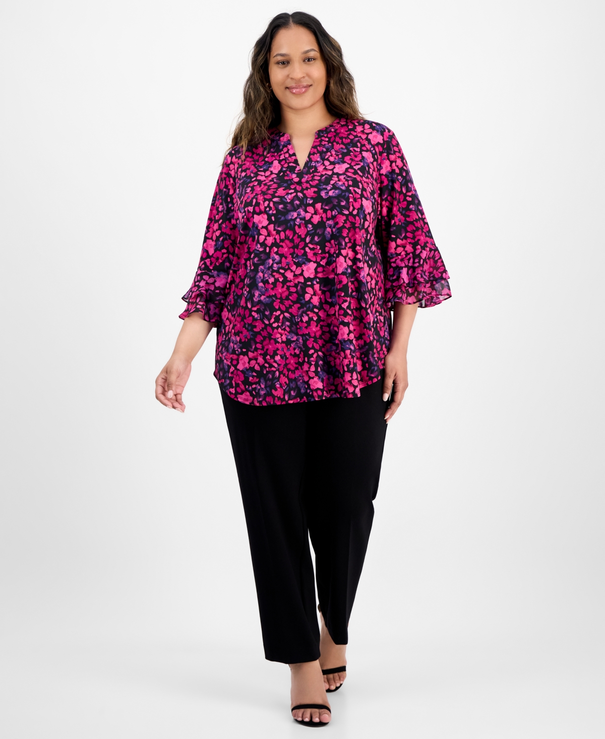 Kasper Plus Size Split-neck Floral-print Top