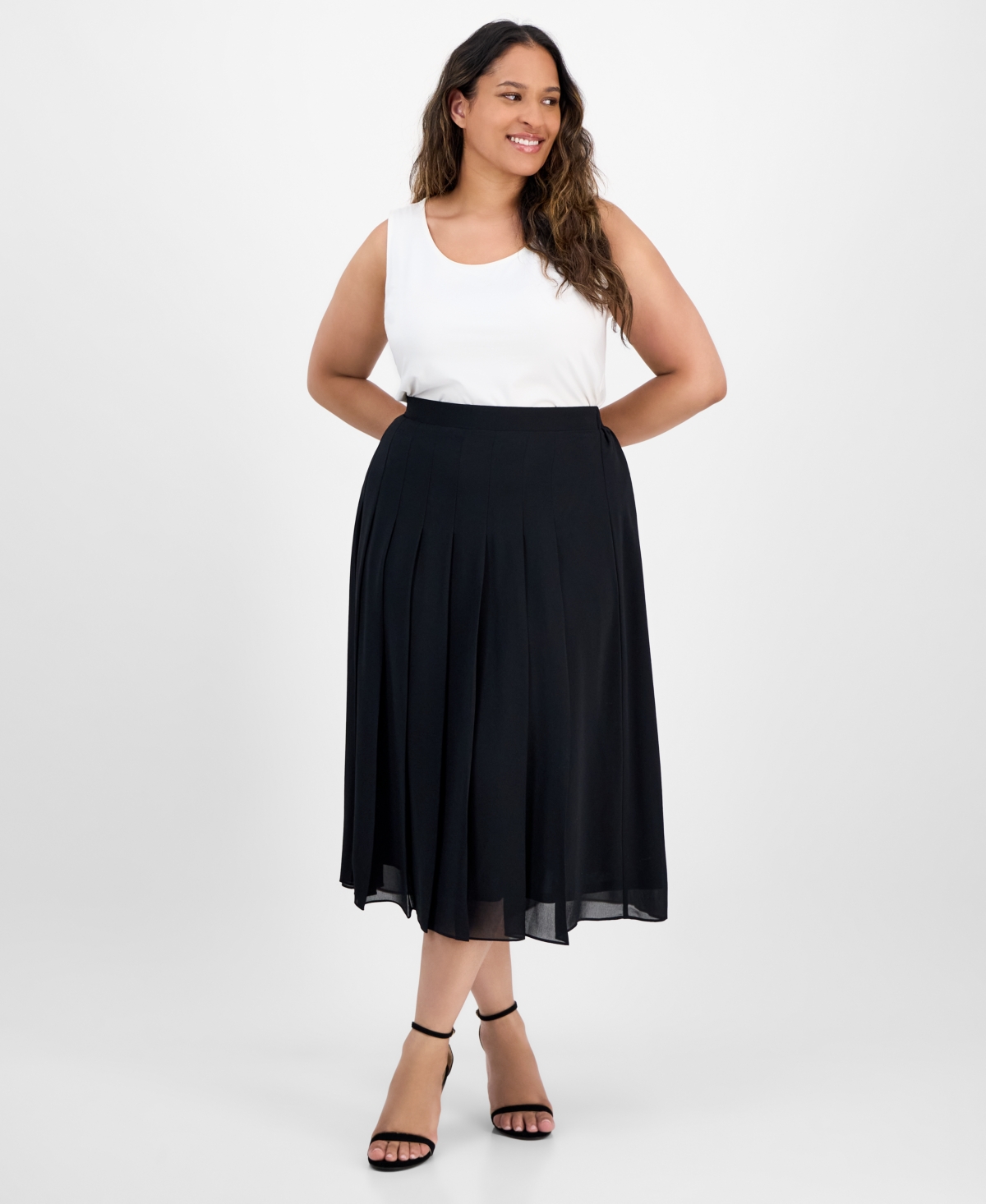 Plus Size Pleated-Front Midi Skirt - Black
