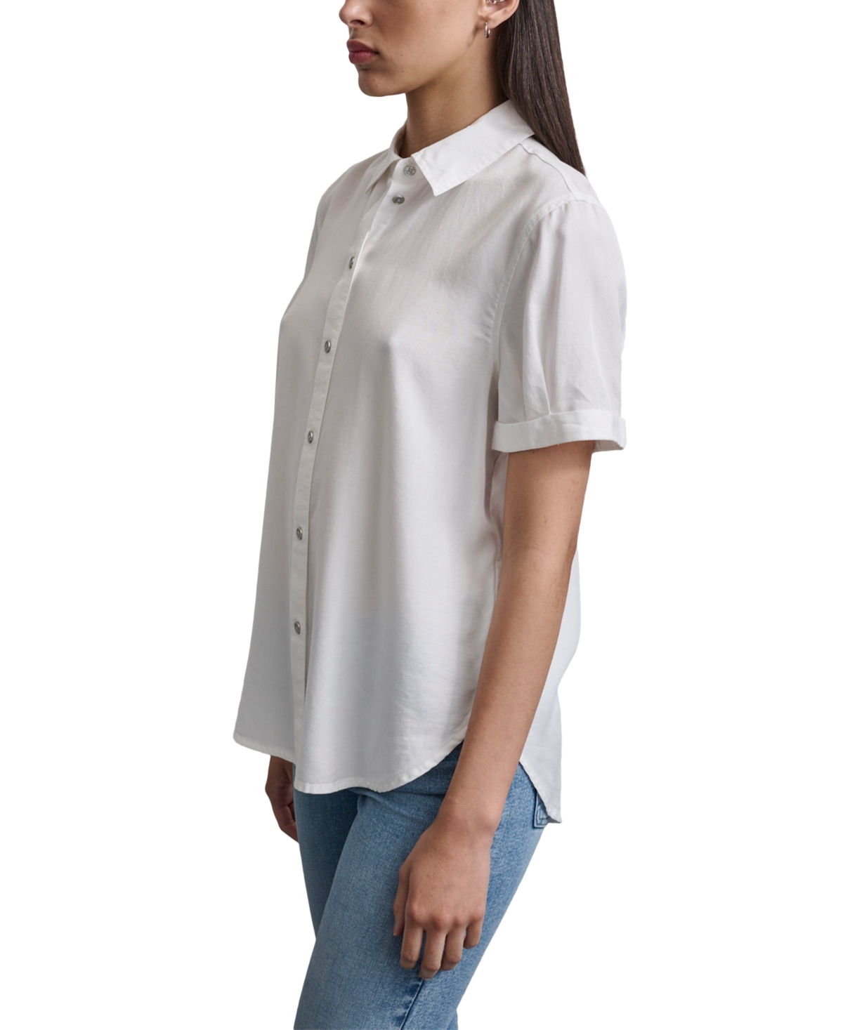 Dkny Jeans Petite Rolled Short-sleeve Button-up Shirt In White