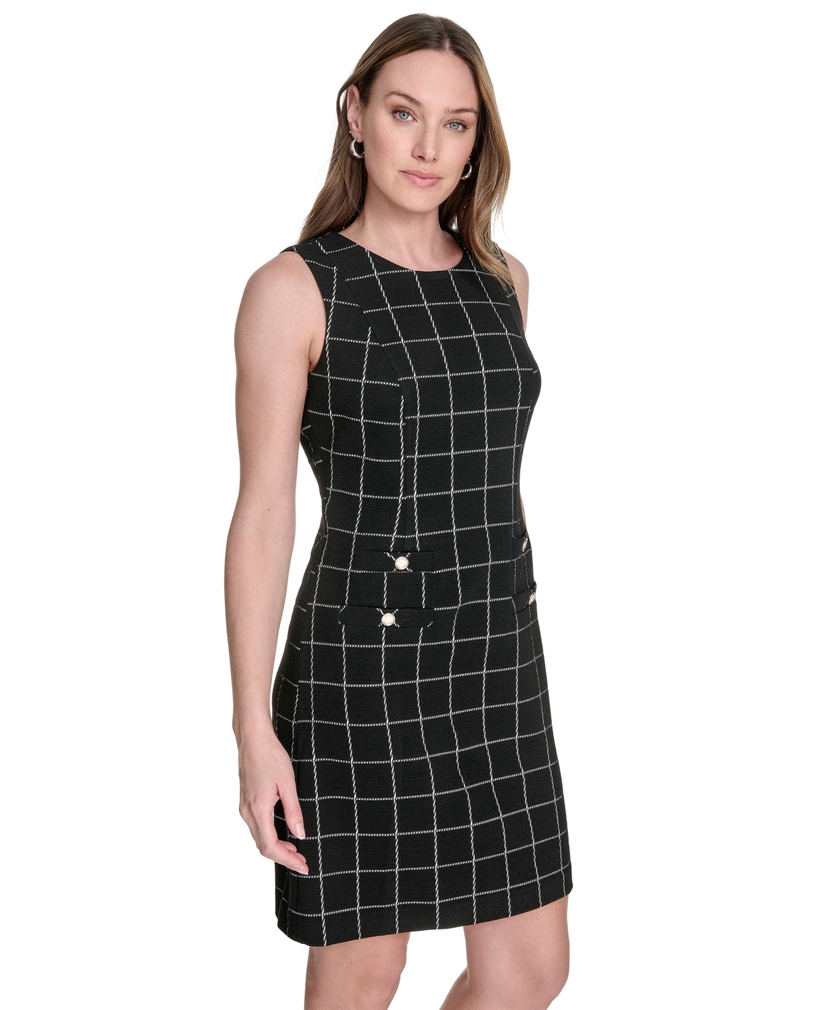 Tommy Hilfiger Petite Windowpane Sheath Dress In Black
