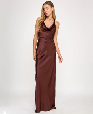 Juniors' Satin Cowl-Neck Halter Gown