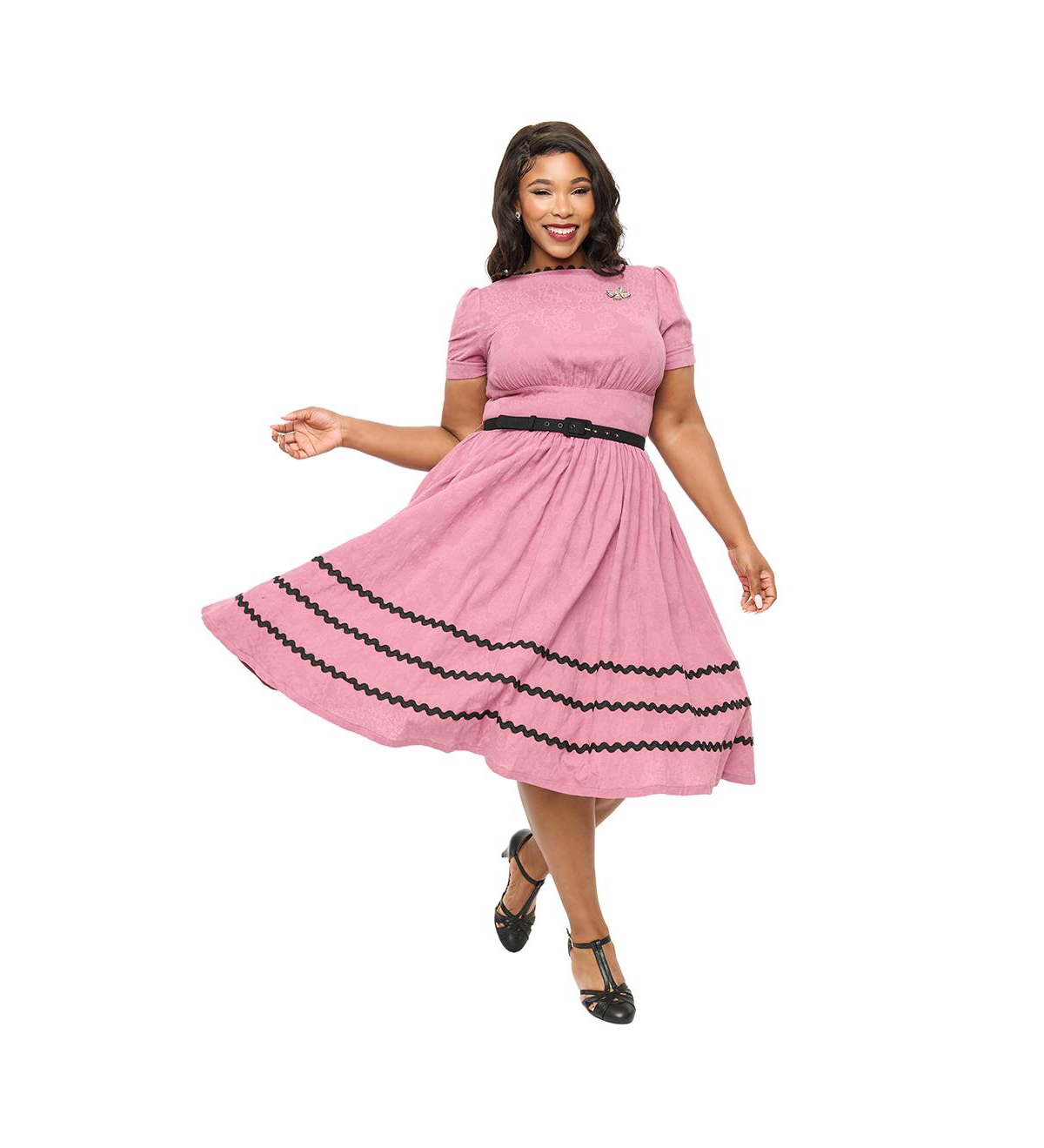 Plus Size Boatneck Ricrac Swing Dress - Red