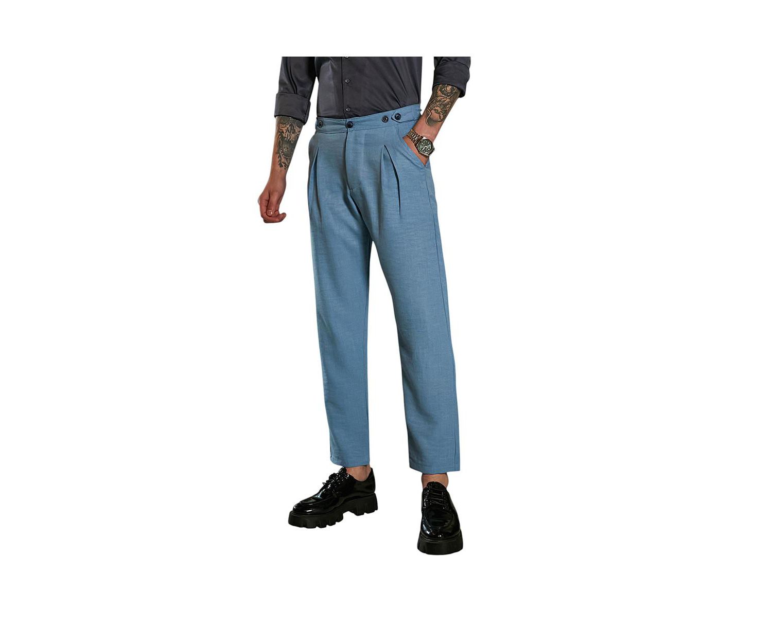 Men's Sky Blue Pleated Tailored Trousers