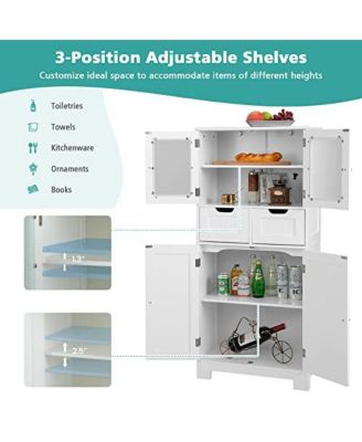 4 Door Freestanding Bathroom Floor Storage Cabinet with 2 Drawers and Glass Doors