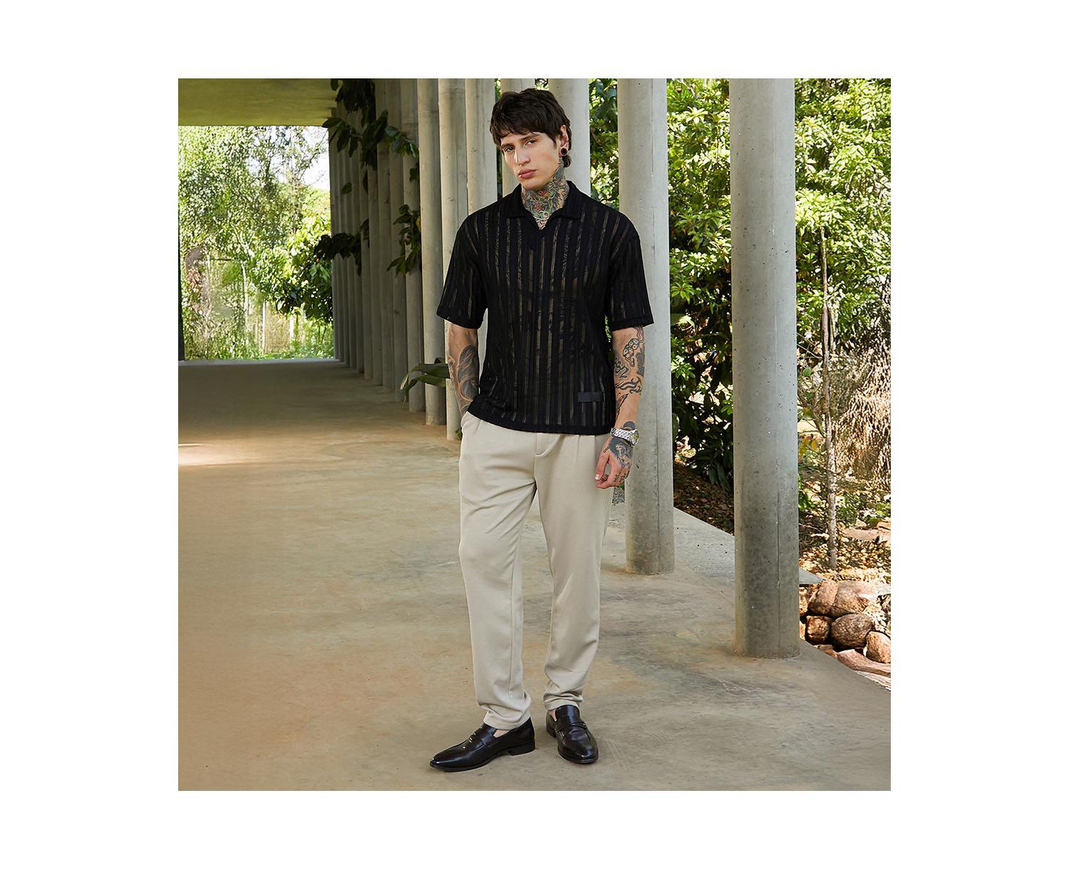 Men's Onyx Black Duo-Striped Relaxed Polo T-Shirt