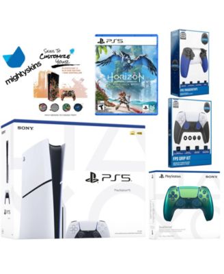 Playstation 5 Slim Disc Bundle with Horizon Forbidden West, Extra Chroma Indigo Controller, Trigger Stop Kit, FPS Grip Kit and MightySkins Decal