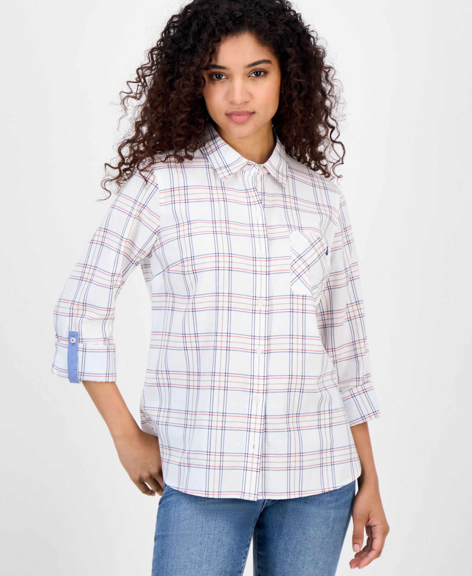 Nautica Women's Providence Plaid Cotton Roll-Tab-Sleeve Shirt