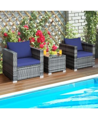 3PCS Rattan Patio Conversation Furniture Set Outdoor Yard w/ Navy Cushion
