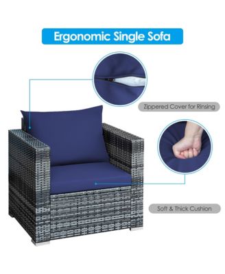 3PCS Rattan Patio Conversation Furniture Set Outdoor Yard w/ Navy Cushion