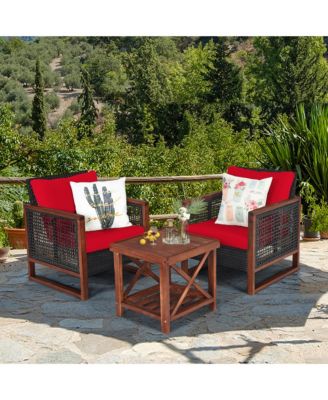 3PCS Rattan Wicker Patio Conversation Set Outdoor Furniture Set w/ Red Cushion