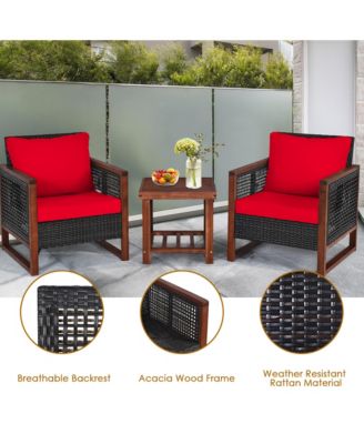 3PCS Rattan Wicker Patio Conversation Set Outdoor Furniture Set w/ Red Cushion