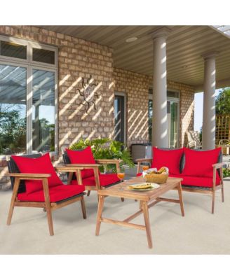 4PCS Patio Conversation Set Wood Frame Furniture Set w/ Red Cushions