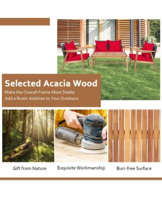 4PCS Patio Conversation Set Wood Frame Furniture Set w/ Red Cushions