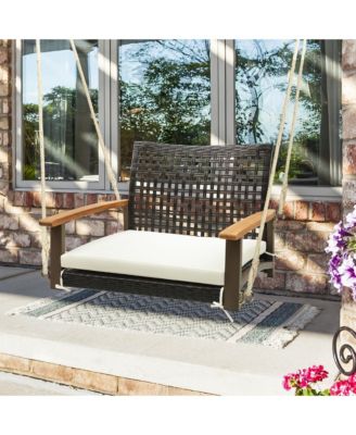 Rattan Porch Swing Patio Wicker Single Hanging Seat w/ Seat Cushion & Acacia Wood Armrests