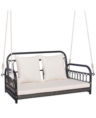 Outdoor Wicker Porch Swing 2-Person Hanging Seat w/ Seat & Back Cushions Backyard