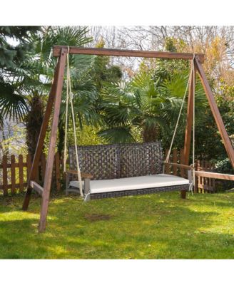 2-Seat Rattan Porch Swing Chair Outdoor Wicker Swing Bench W/ Seat Cushion Red