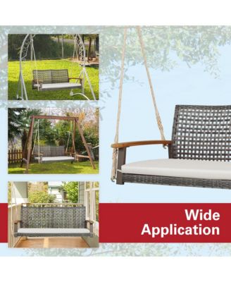 Rattan Patio Porch Swing 2-Person Cushioned Swing Chair Bench w/ Hanging Ropes