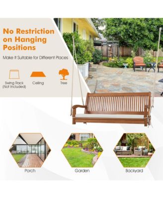 2-Seat Patio Hanging Wooden Porch Swing Bench w/ Cushion & Hanging Ropes